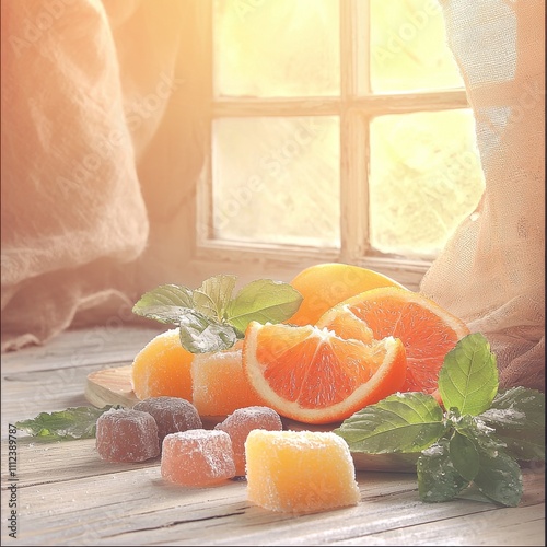 Sunlit Citrus Fruit and Assorted Jellies on Wooden Board
