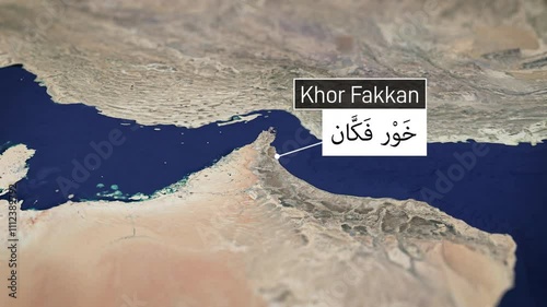 Khor Fakkan City Map Zoom (United Arab Emirates). Showing the location of the city from above. 4K. خَوْر فَكَّان photo