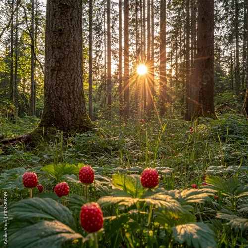 Sunlit Forest Floor with Wild Berries at Golden Hour