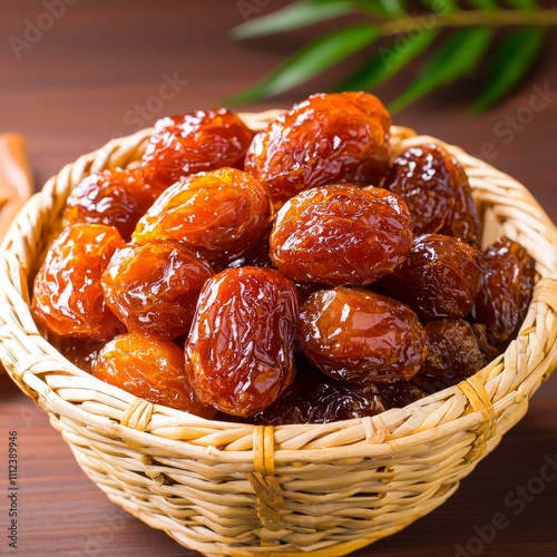 Sweet and Shiny Dried Jujubes in a Woven Basket