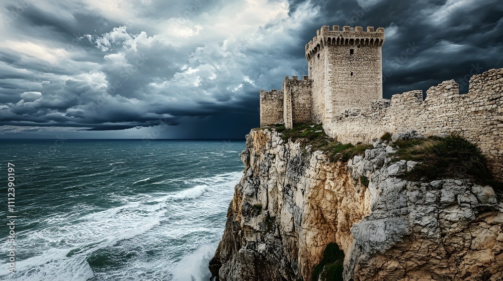 An ancient castle on a cliffside overlooking the ocean, with waves crashing below and storm clouds gathering in the sky An ancient castle on a cliffside overlooking the ocean, with waves crashing below and storm clouds gathering in the sky