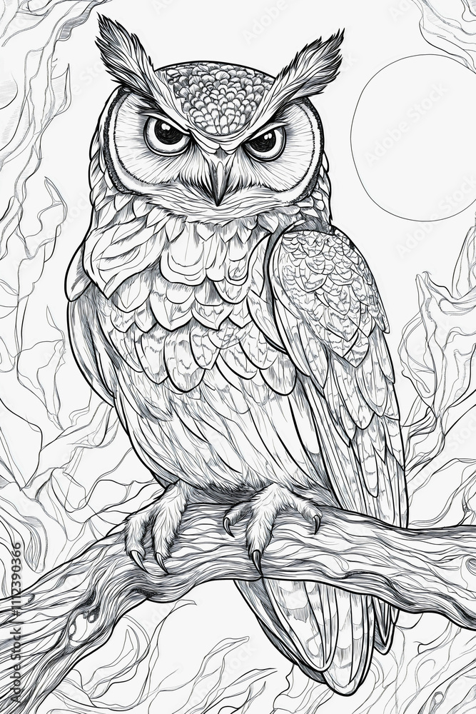 Fototapeta premium Whimsical owl drawing illustration, cute bird cartoon character design, artistic coloring outline nature sketch, playful wildlife doodle, decorative animal artwork