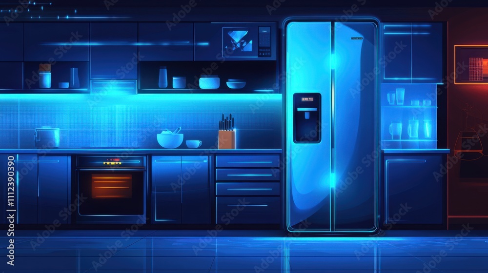 Modern futuristic kitchen interior with sleek blue lighting, stylish refrigerator, and contemporary appliances highlighting innovative design and vibrant color scheme Modern futuristic kitchen interior with sleek blue lighting, stylish refrigerator, and contemporary appliances highlighting innovative design and vibrant color scheme