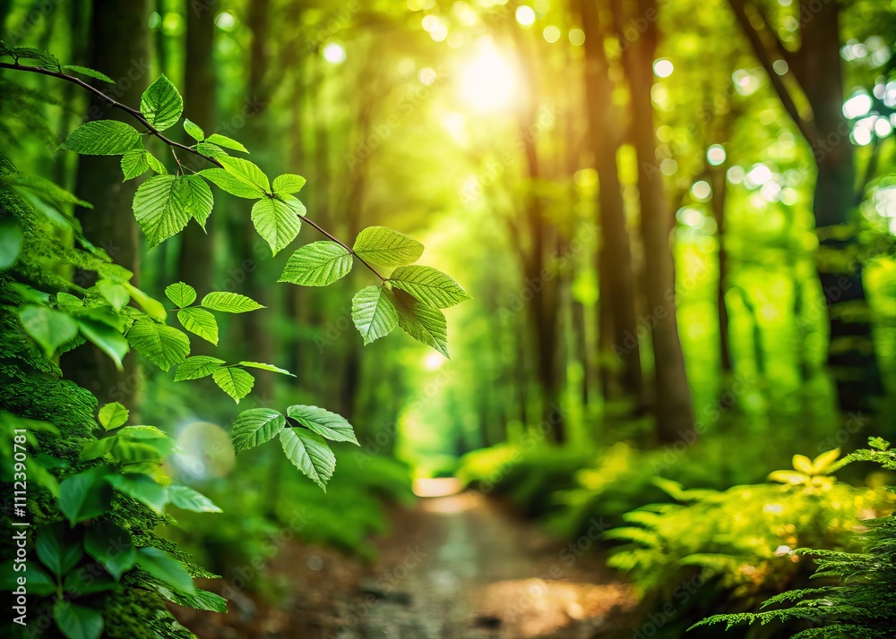 Fototapeta premium Explore the Beauty of a Hiking Adventure in a Lush Green Forest with Bokeh Effect, Showcasing Nature's Serenity and Vibrancy for Outdoor Enthusiasts and Nature Lovers