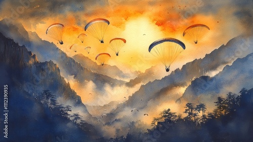 A watercolor painting of a group of paragliders flying over a mountain range, with the sun setting in the background.