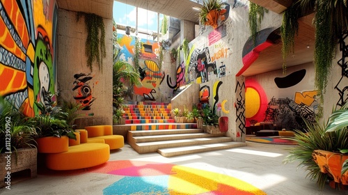 Wallpaper Mural Colorful, modern interior design with graffiti art, plants, and a staircase in an urban setting. Torontodigital.ca