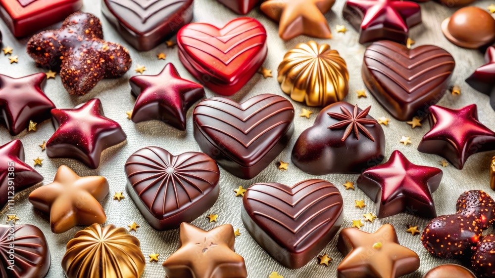 Exquisite Variety of Chocolate Candies in Heart and Star Shapes Displayed Elegantly on a Soft Light Background for Tempting Treats and Festive Celebrations