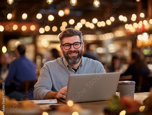 A cheerful man with a beard sits at a table, focused on his laptop while enjoying the ambiance of a warm, inviting cafe with soft lighting and pastries