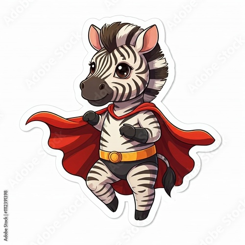 A chibi superhero zebra in a striped costume, prancing around with a cape flying, in sticker style, white background. photo