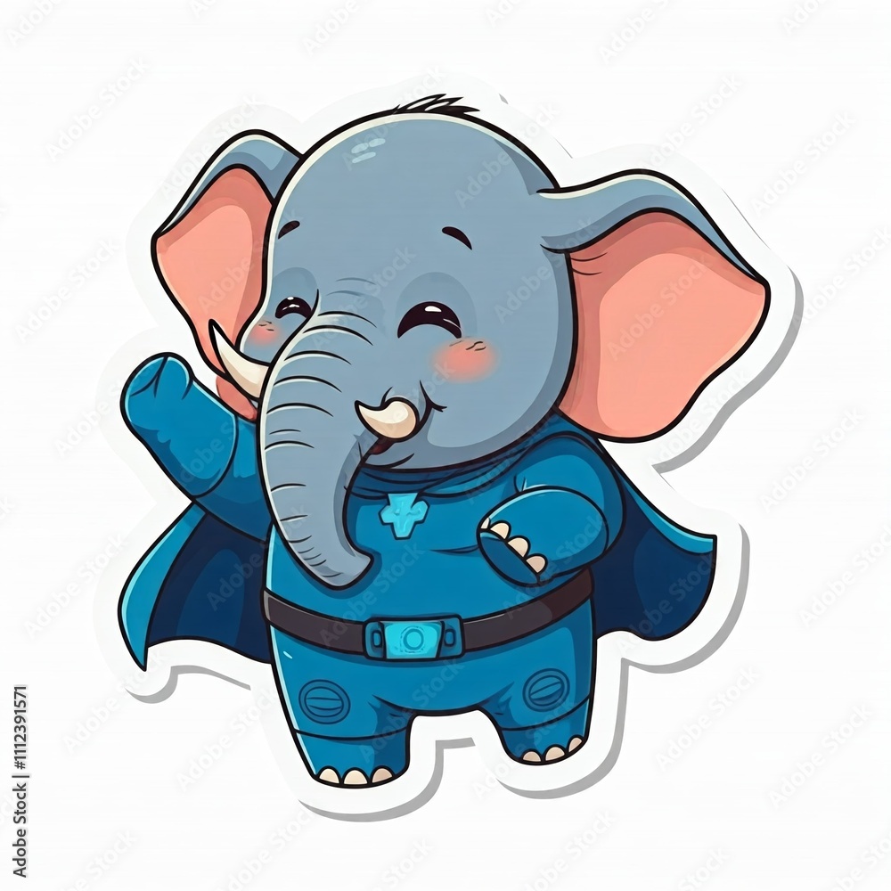 Fototapeta premium A chibi superhero elephant with a bright blue suit, swinging its trunk playfully, in sticker style, white background. 