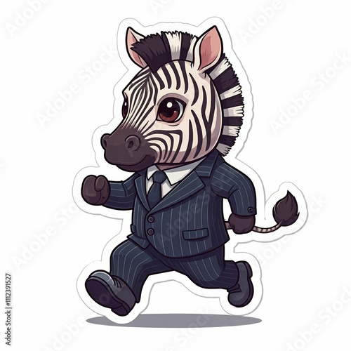 A chibi superhero zebra in a black and white striped suit, running with powerful strides, in sticker style, white background.
 photo