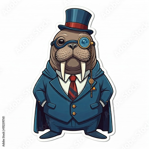 A chibi superhero walrus with a blue suit, wearing a monocle and a top hat, looking like a noble hero, in sticker style on a white background.
