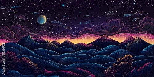 starry night sky landscape style of colored line art