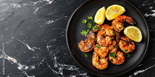 Scampi alla Griglia grilled scampi with lemon wedges on sleek slate background, top view, clean text space included. photo