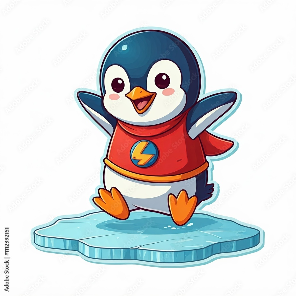 Obraz premium A chibi superhero penguin with a red and blue costume, sliding on ice with a big grin, in sticker style, white background. 