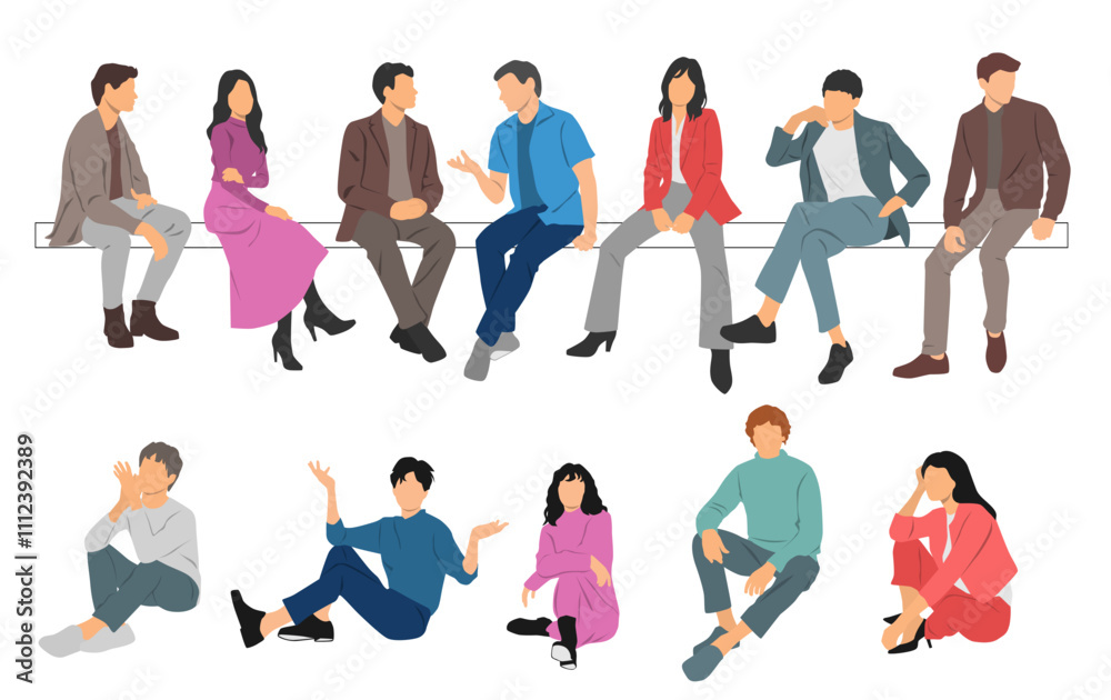 Men and a women sitting on a bench, different colors, cartoon character, group silhouettes of business people, students, the design concept of flat icon, isolated on white background
