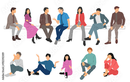 Obraz na płótnie Men and a women sitting on a bench, different colors, cartoon character, group silhouettes of business people, students, the design concept of flat icon, isolated on white background w salonie