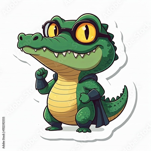 A chibi superhero crocodile with a green suit, sporting a big smile and cool sunglasses, ready to strike a funny pose, in sticker style with a plain white background.
