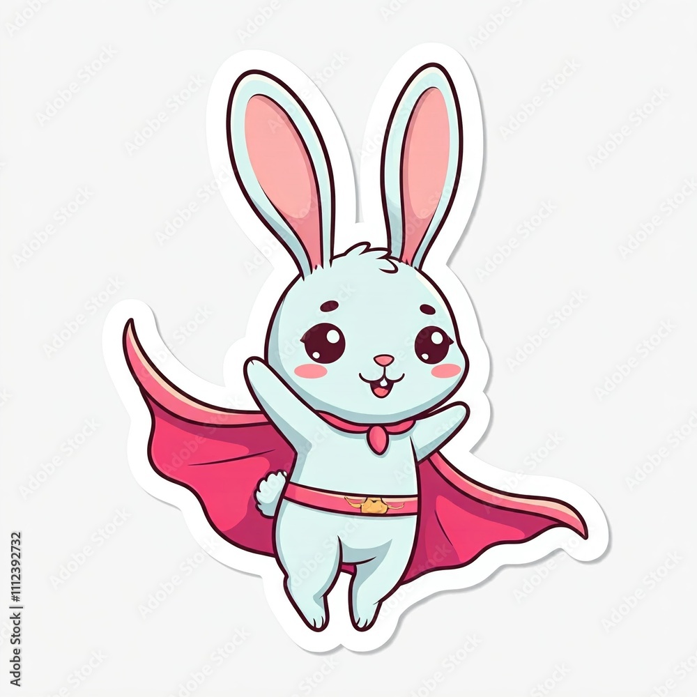 Obraz premium A chibi superhero bunny with big ears and a pink cape, hopping energetically, in a fun sticker style with a clean white background.