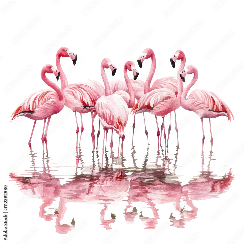 Obraz premium A group of pink flamingos standing together, their reflections visible in the water below them.