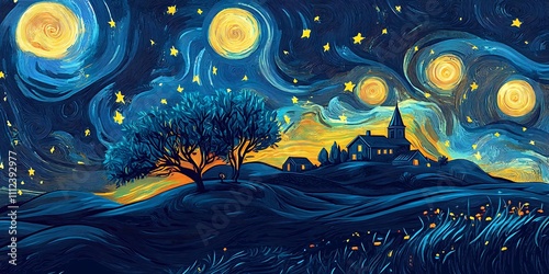 starry night sky landscape style of colored line art
