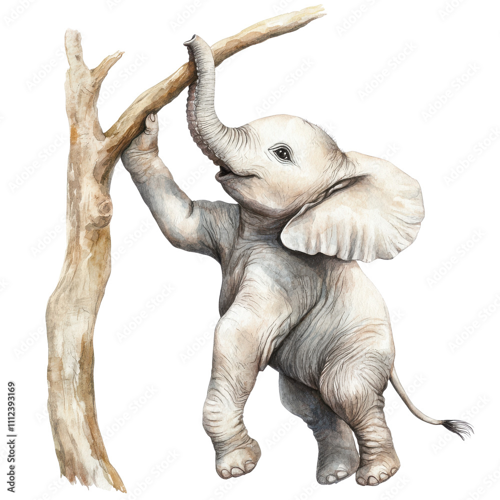 Obraz premium A playful baby elephant reaching for a branch with its trunk.