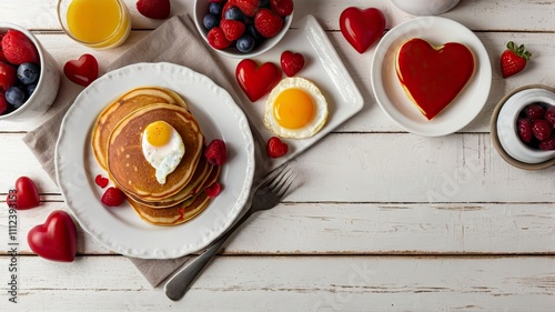 Valentines or Mothers Day brunch corner border. Top down view on a white wood banner background. Heart shaped pancakes, eggs and a variety of love themed food. photo