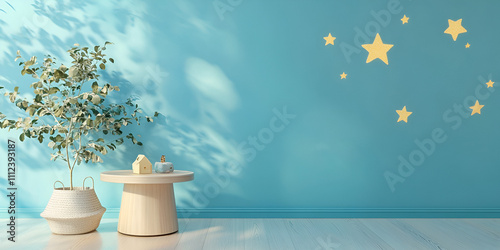  Cozy Kids' Room with Starry Wall Decor and Soft Furnishings photo