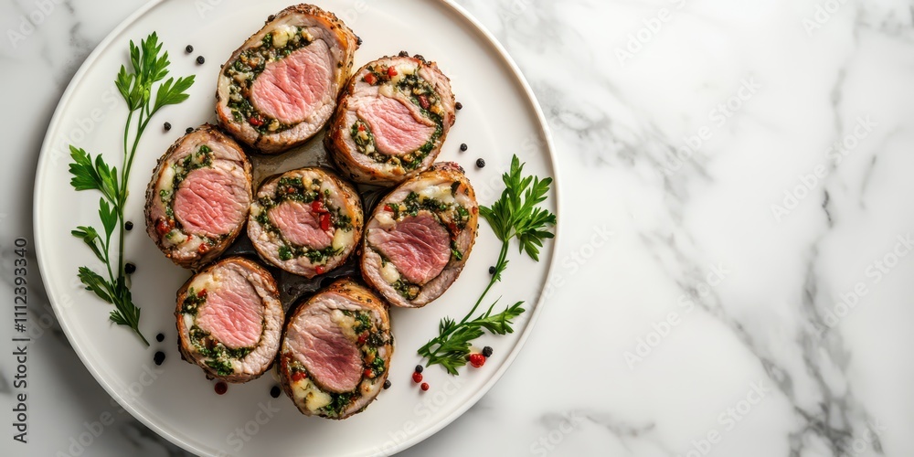 Stuffed veal slices plated on marble surface, elegant, top view with text space. Stuffed veal slices plated on marble surface, elegant, top view with text space.