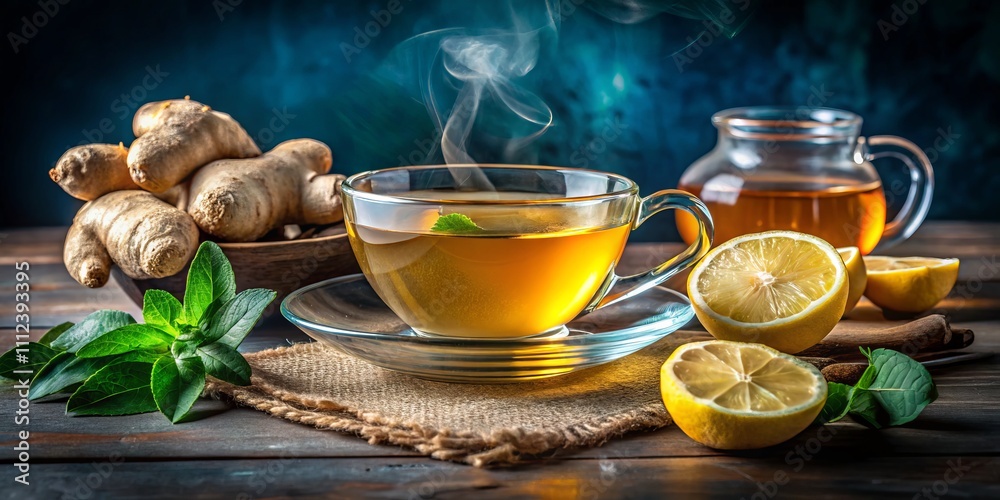 Fresh Ginger Tea in a Stylish Teacup on a Solid Background, Capturing the Essence of Refreshment and Wellness with Vibrant Colors and Inviting Presentation for Culinary Enthusiasts Fresh Ginger Tea in a Stylish Teacup on a Solid Background, Capturing the Essence of Refreshment and Wellness with Vibrant Colors and Inviting Presentation for Culinary Enthusiasts