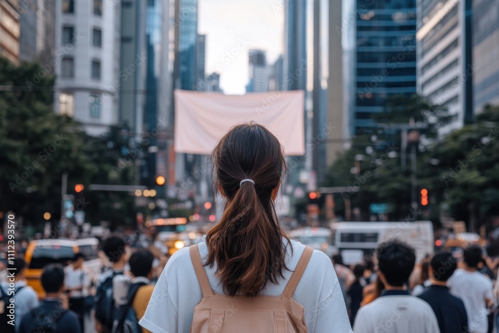 Fototapeta premium A young woman stands at the edge of a bustling city intersection, gazing into the distance, embodying contemplation and introspection amid the chaos of urban life.