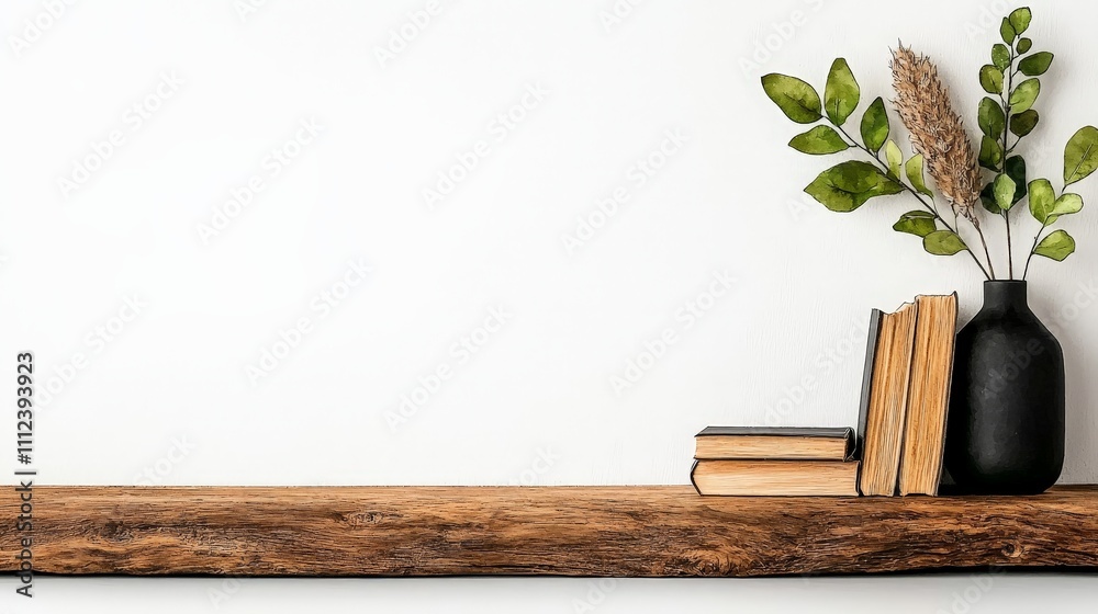 Rustic wooden shelf with books, vase, and greenery against a white wall. Rustic wooden shelf with books, vase, and greenery against a white wall.