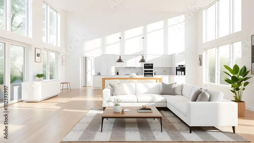 Contemporary open-plan kitchen and living room with bright, airy windows, a minimalis