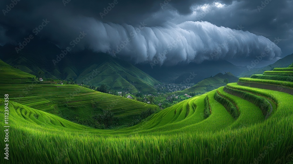 Fototapeta premium Dramatic storm clouds roll over lush green rice terraces in a mountainous landscape.