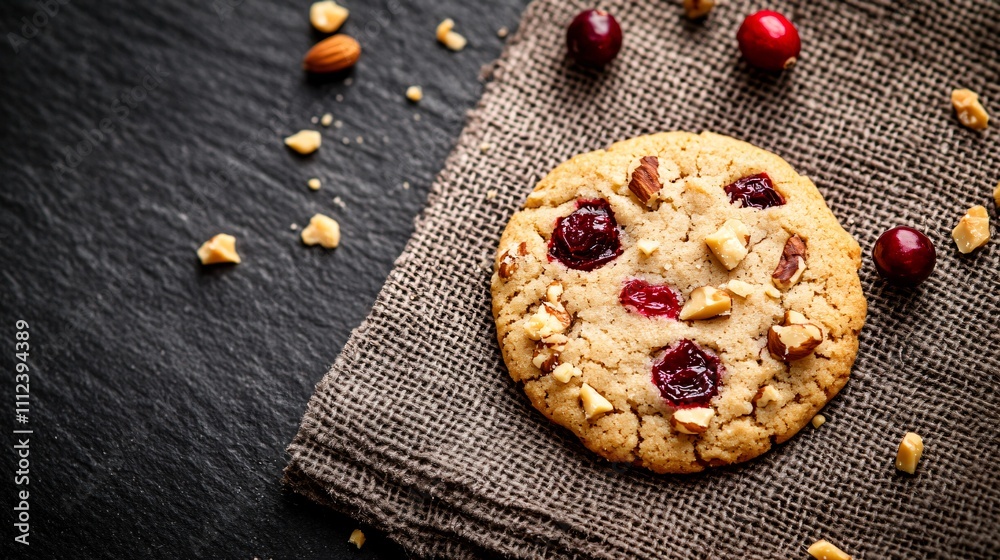 A single cranberry drop cookie on a textured napkin, styled on a dark slate background with crushed nuts scattered around