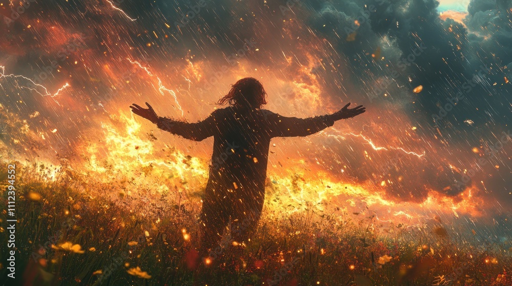A silhouette of a person standing in a field with their arms outstretched, facing a stormy sky with lightning bolts. The storm is producing a heavy downpour of rain. A silhouette of a person standing in a field with their arms outstretched, facing a stormy sky with lightning bolts. The storm is producing a heavy downpour of rain.