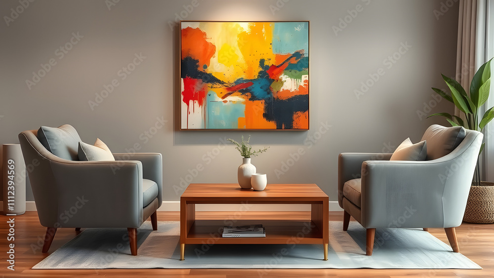 Cozy lounge area with soft grey armchairs, a warm wood coffee table, and a colorful abstract paint Cozy lounge area with soft grey armchairs, a warm wood coffee table, and a colorful abstract paint