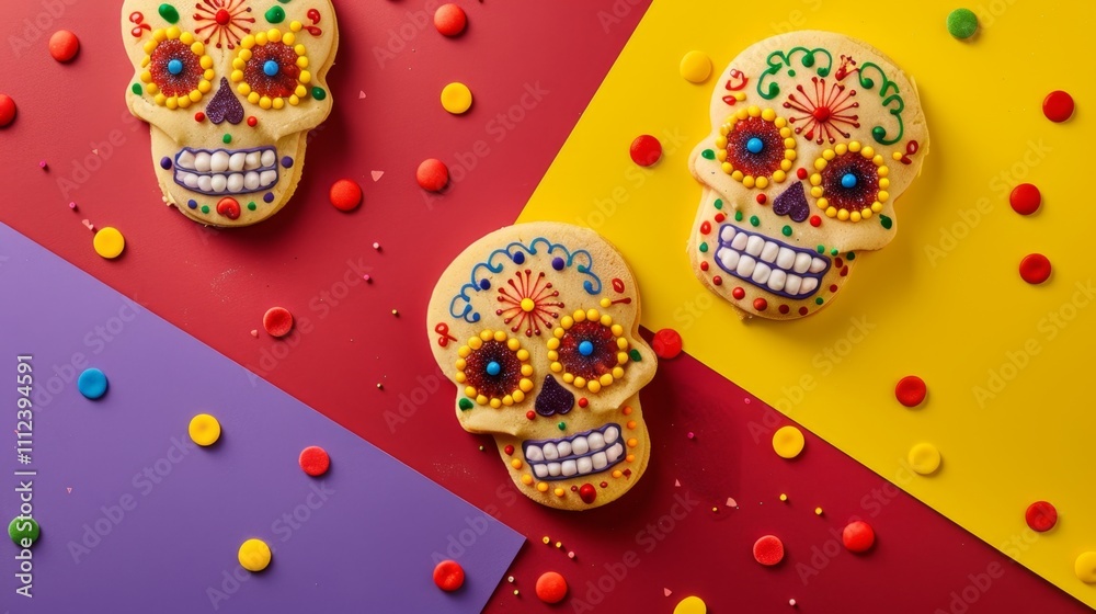 Colorful Mexican Cinco de Mayo banner with Three decorated sugar skulls on a table with colorful sprinkles. The skulls are decorated with frosting and have a spooky look to them Colorful Mexican Cinco de Mayo banner with Three decorated sugar skulls on a table with colorful sprinkles. The skulls are decorated with frosting and have a spooky look to them