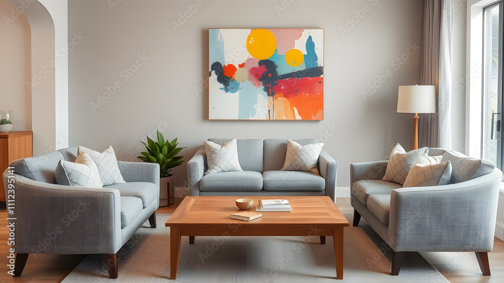 Cozy lounge area with soft grey armchairs, a warm wood coffee table, and a colorful abstract paint Cozy lounge area with soft grey armchairs, a warm wood coffee table, and a colorful abstract paint
