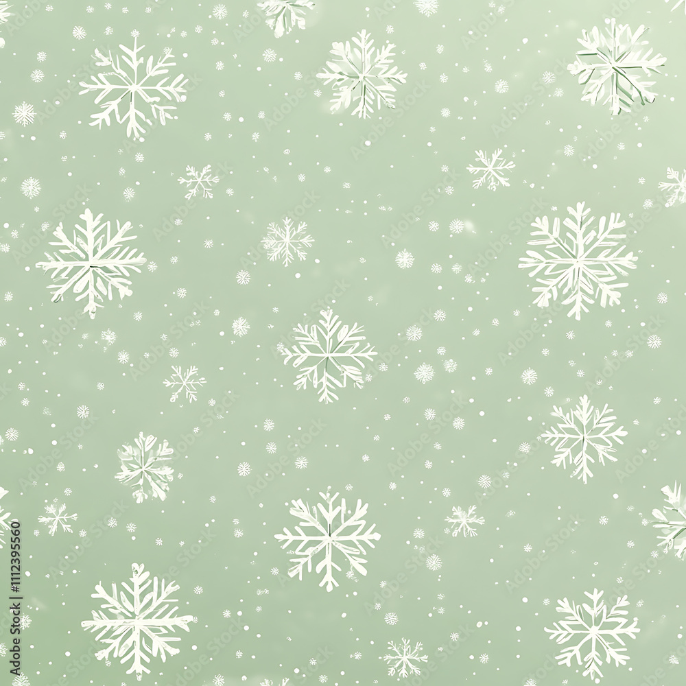 Soft green background with white snowflakes, creating festive winter atmosphere. Perfect for holiday themed designs and decorations Soft green background with white snowflakes, creating festive winter atmosphere. Perfect for holiday themed designs and decorations