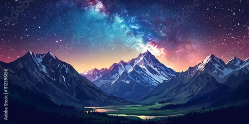 
Vector style illustration, magnificent Milky Way across the night sky, bright stars. The towering snow capped mountains stand and the lush green meadows stretch beneath them.