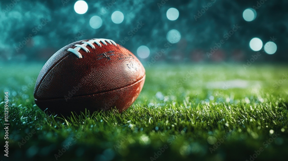 A worn American football sits on green grass in a stadium at night. The lights are blurred in the background. A worn American football sits on green grass in a stadium at night. The lights are blurred in the background.