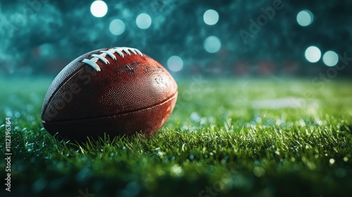 A worn American football sits on green grass in a stadium at night. The lights are blurred in the background.
