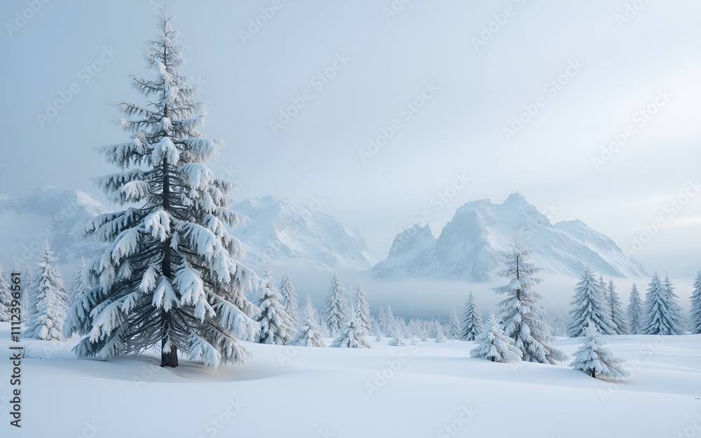 Frosty pine tree in a snowy landscape with mountains Frosty pine tree in a snowy landscape with mountains