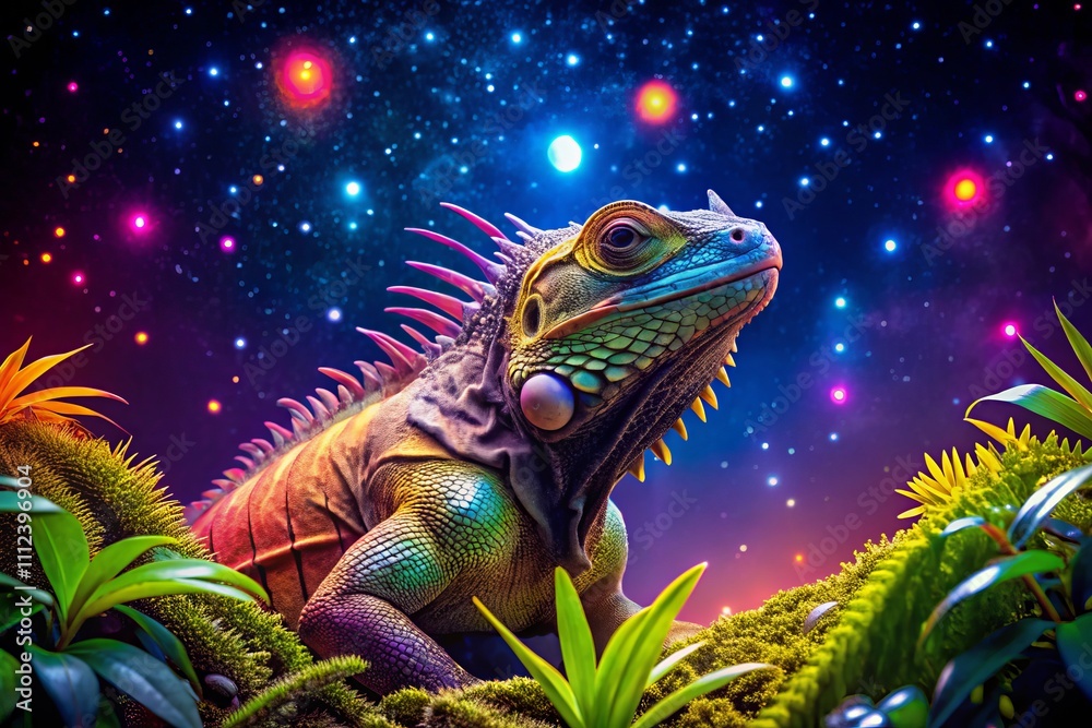 Obraz premium Happy Iguana Wearing Sunglasses in a Night Photography Setting for a Vibrant Commercial Advertisement Image Featuring Tropical Elements and Playful Colors