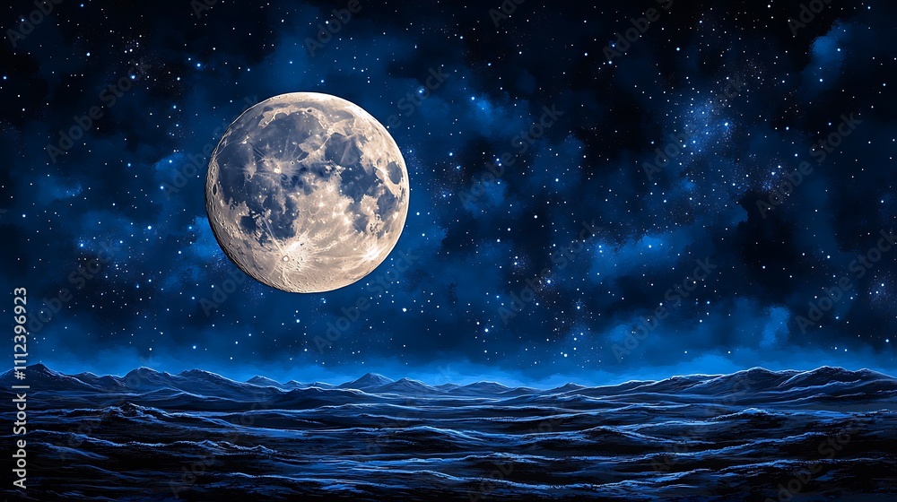 Full moon over a dark, desolate landscape under a starry night sky. Full moon over a dark, desolate landscape under a starry night sky.