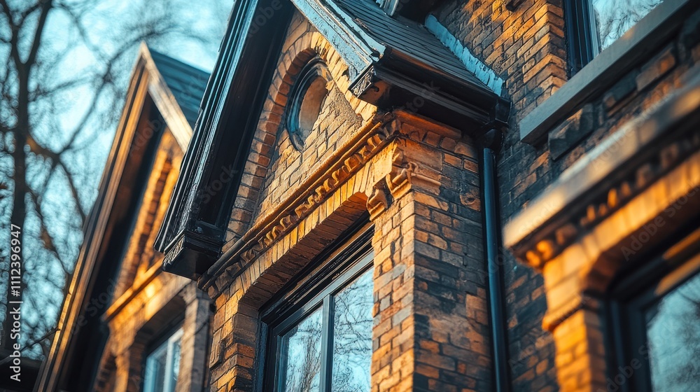 Obraz premium Low angle view of a brick building with arched windows and a black roof.