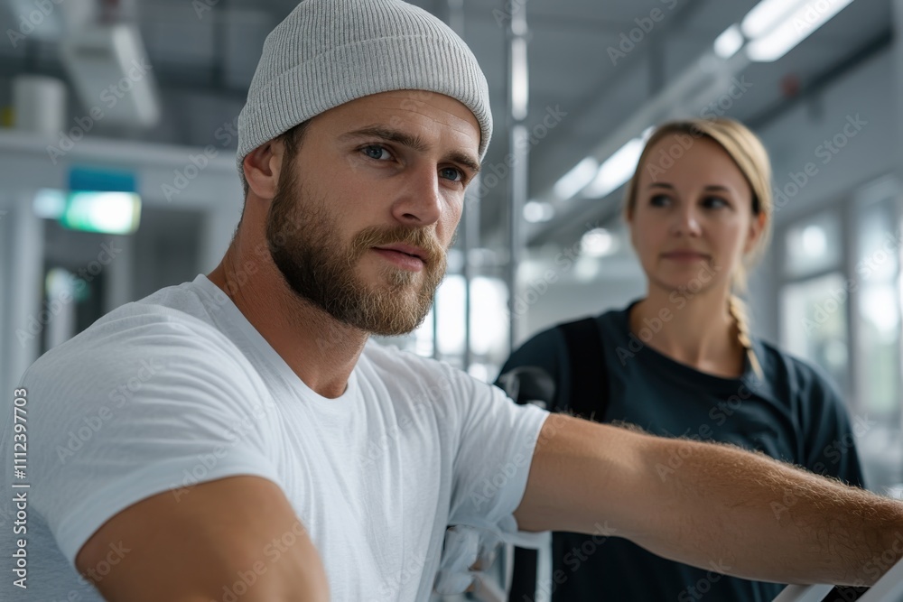 A serious-looking man in a beanie sits in the gym, closely examining his workout, while a woman appears attentively focused in the background, enhancing the gym atmosphere. A serious-looking man in a beanie sits in the gym, closely examining his workout, while a woman appears attentively focused in the background, enhancing the gym atmosphere.