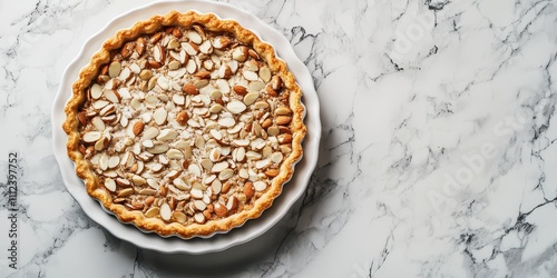 Torta Sbrisolona crunchy almond tart plated on a ceramic dish, sleek marble background, top view with reserved space for text. photo