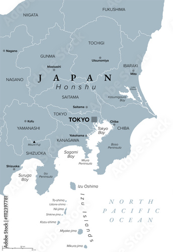 Kanto region of Japan, gray political map. Geographical region of the island Honshu, including Greater Tokyo Area, encompassing prefectures Gunma, Tochigi, Ibaraki, Saitama, Tokyo, Chiba and Kanagawa.